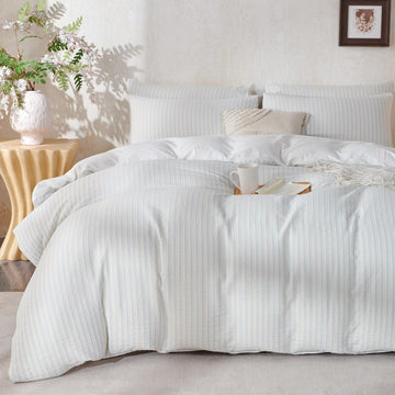 Comforter Set Light Blue Striped Soft Luxury Washed Cotton Jacquard 3 Pieces Bedding, Light Blue Vertical