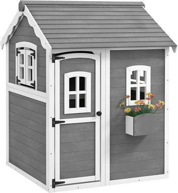 50x50x72in Kids' Outdoor Wooden Playhouse Includes Two Doors Two Windows Safety Floor PlanterBox for Children Ages 3