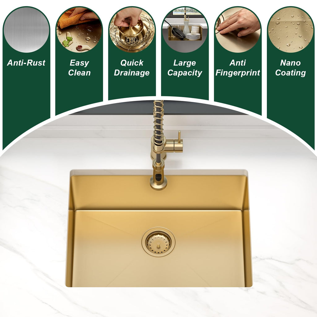 24 Gold Stainless Steel Undermount Kitchen Bar Sink with Offset