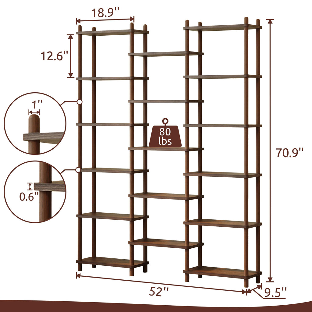 Wooden Triple Wide Bookshelf, 6-Tier Large Open Bookcase, Walnut