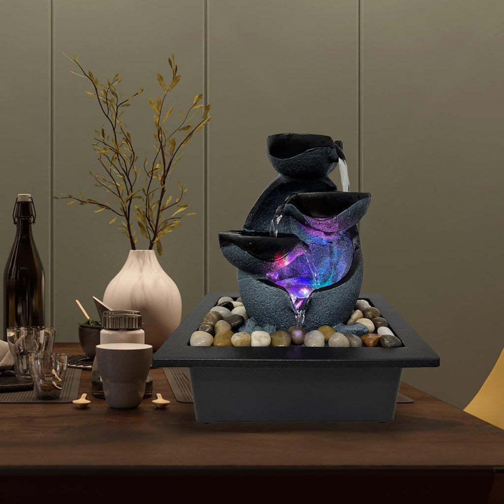 Tabletop Water Fountain with LED Lights, Indoor Resin Waterfall Fountain for Desk Office Home Decor, Zen Meditation