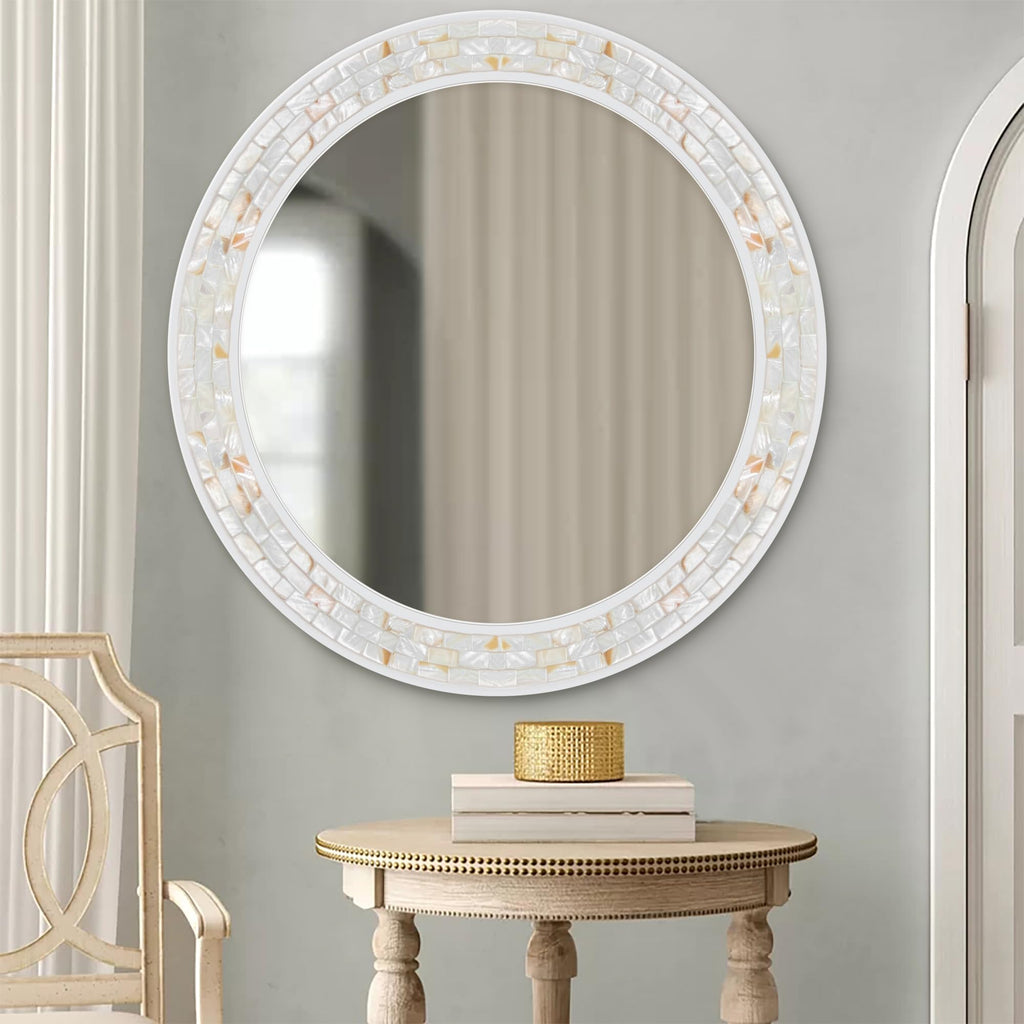 36 Inch Large Round Mirror, Natural Shell Circle Wall Decor