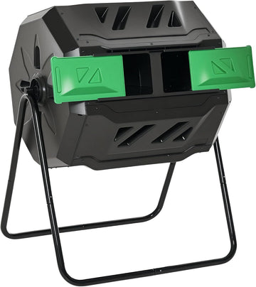 Tumbling Compost Bin 360° Dual Chamber 43 Gallon, Green | Outdoor, Rotating Composter