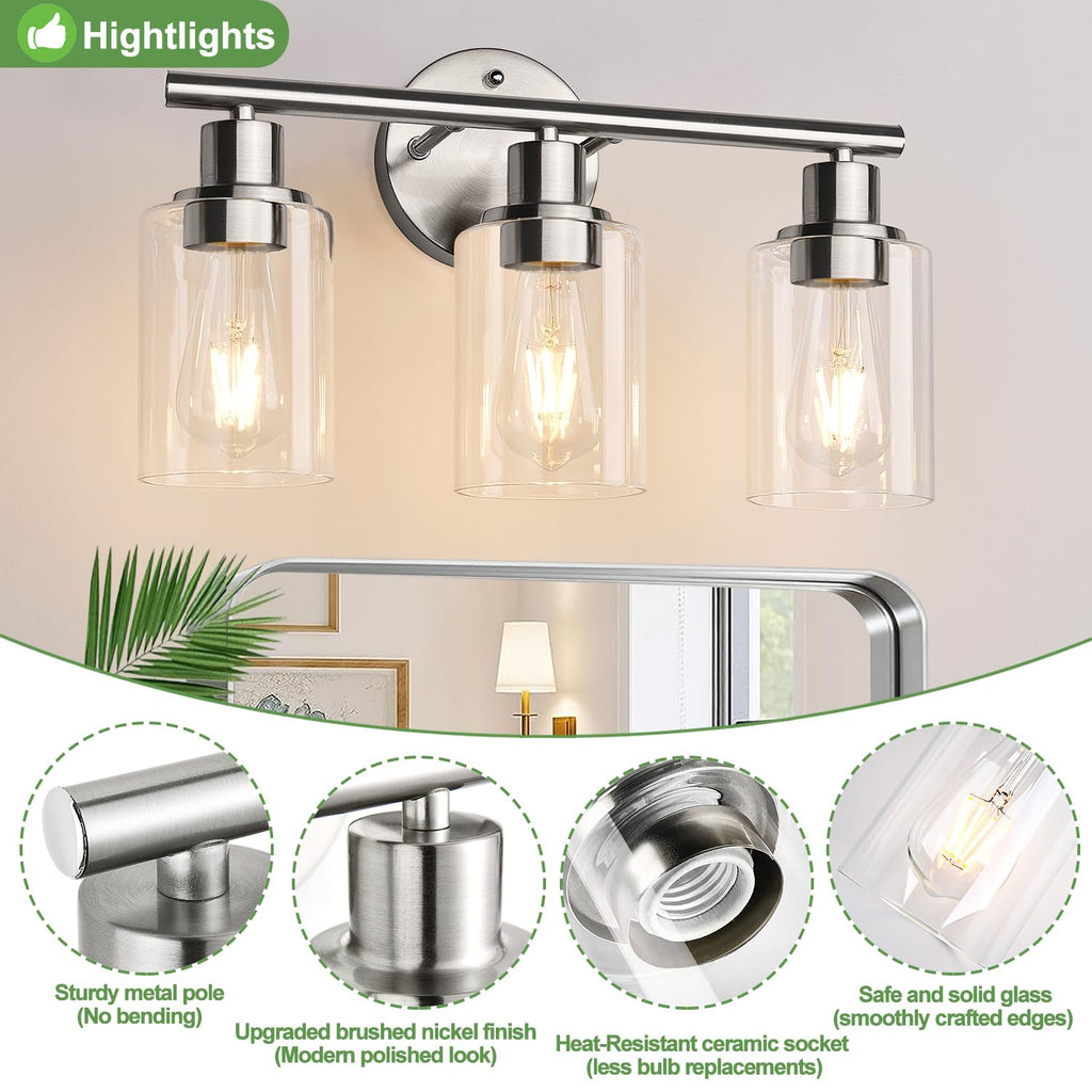 3-Light Bathroom Light Fixtures, Brushed Nickel Vanity Light, Farmhouse Wall Lights with Clear Glass Shade, Bathroom