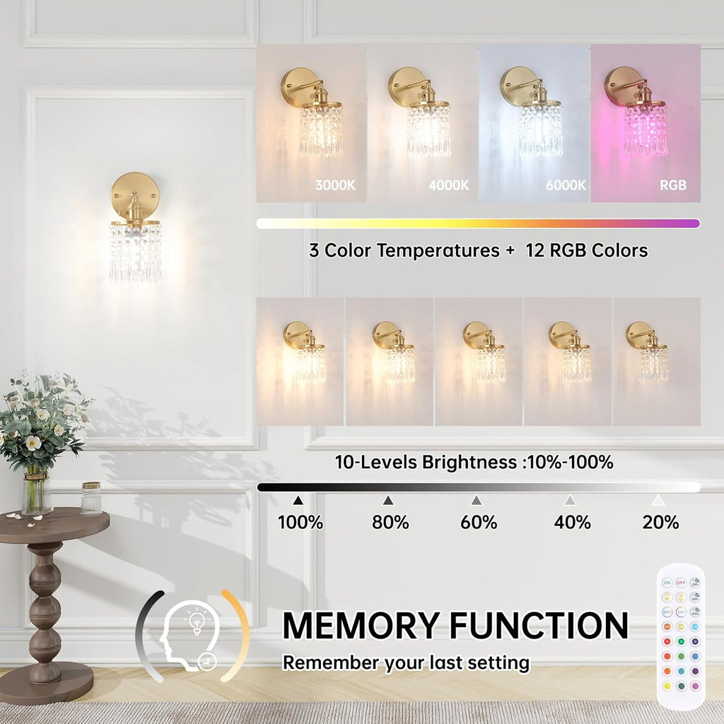 Set of 2 Crystal Battery Operated Wall Sconce, Rechargeable Battery Powered Wall Lamp with Remote Control, Modern