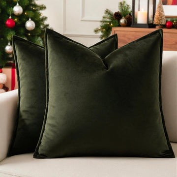 Olive Green Velvet Throw Pillow Covers 26x26 Set of 2