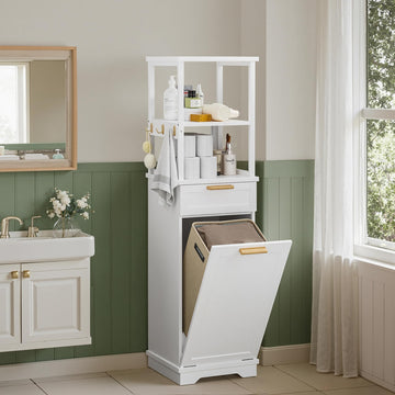 53" Tilt Out Laundry Hamper, Tall Bathroom Cabinet with Hidden Removable Basket, 2-Tier Open Shelves, 1 Drawer and 3