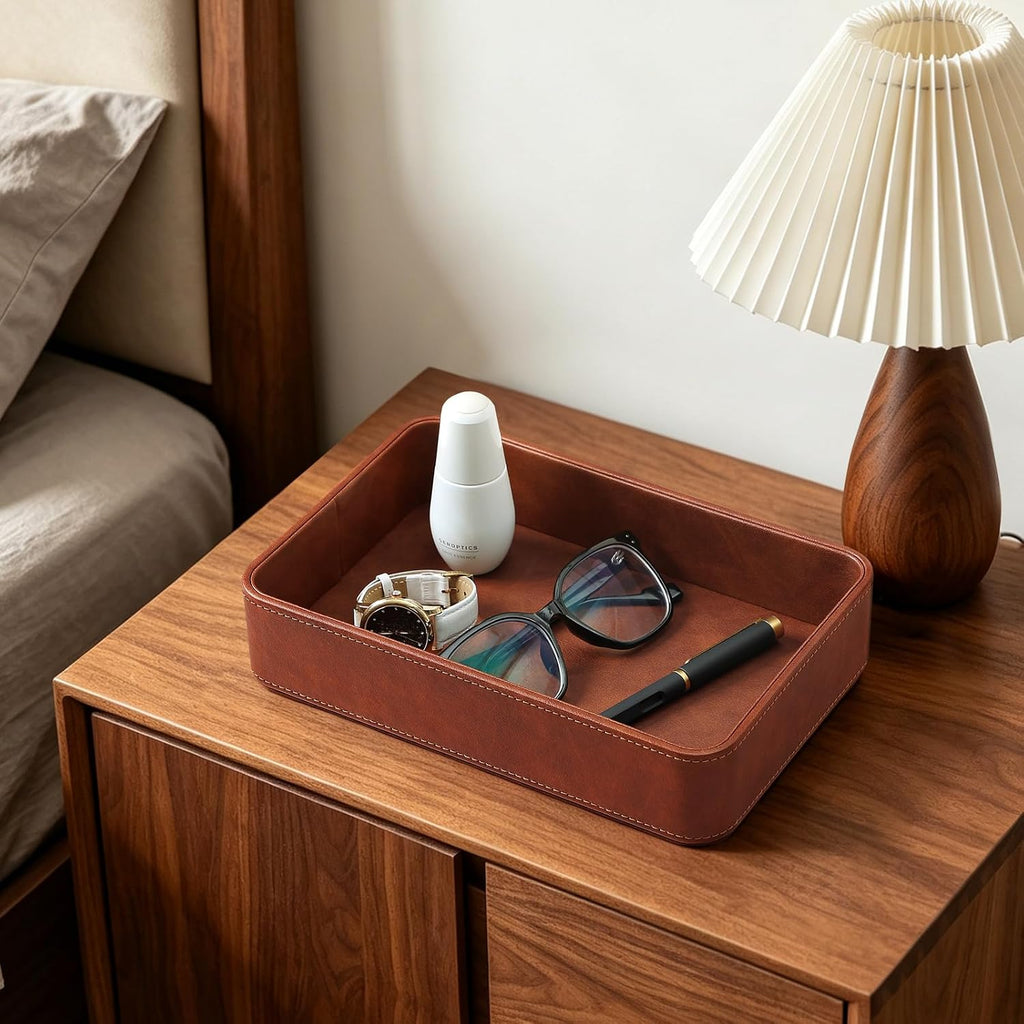 Valet Tray for Men, PU Leather Catchall Tray Nightstand Organizer