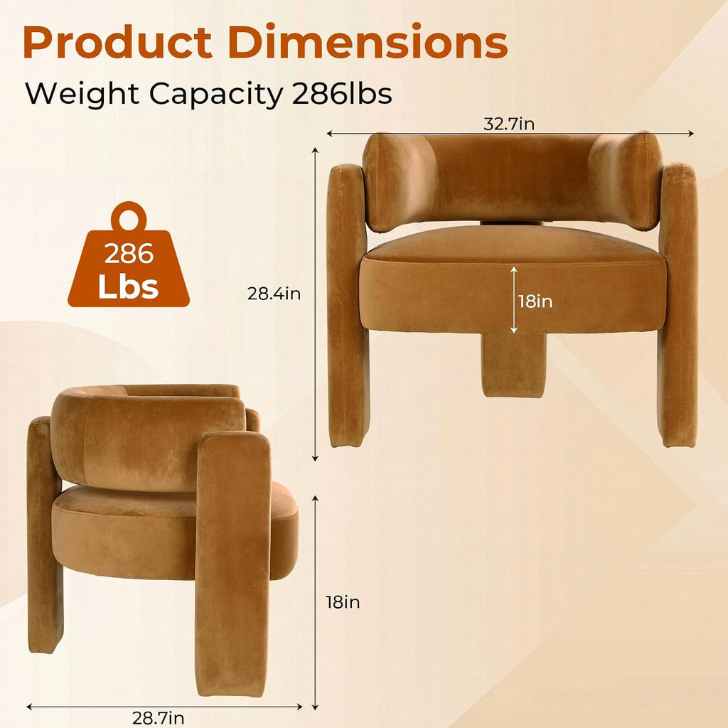 Modern Velvet Accent Chair, Comfy Upholstered Barrel Chairs (1, Khaki) | Accent Chairs with 3 Legs, Side Arm Chair