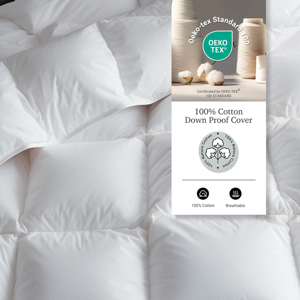 Luxury White Goose Feather Down Fiber Comforter King, 100% Cotton All Season Duvet Insert King