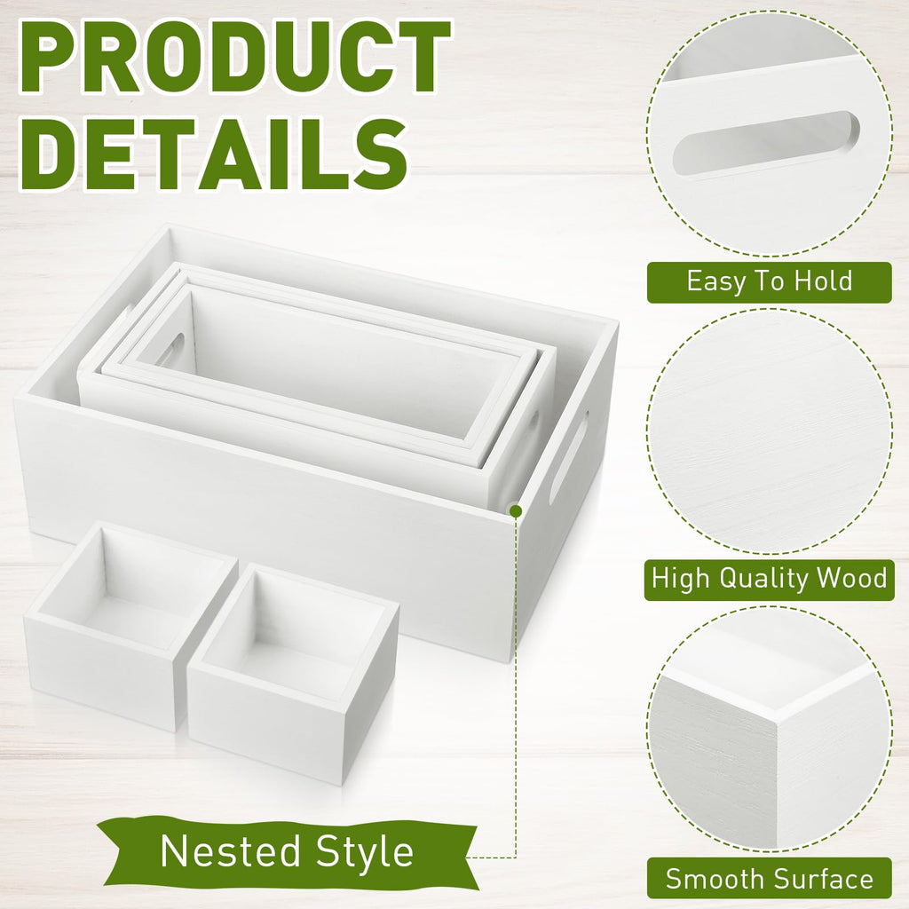 Set of 6 Wooden Storage Boxes with Handles Nesting Farmhouse, White