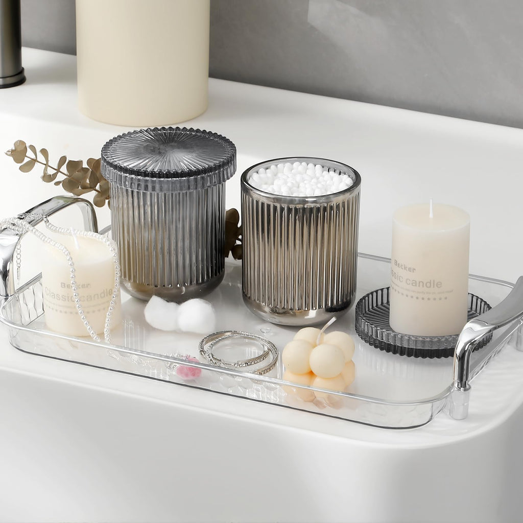 2 Pack Qtip Holder Glass Apothecary Jars with Lids, Ribbed Gray