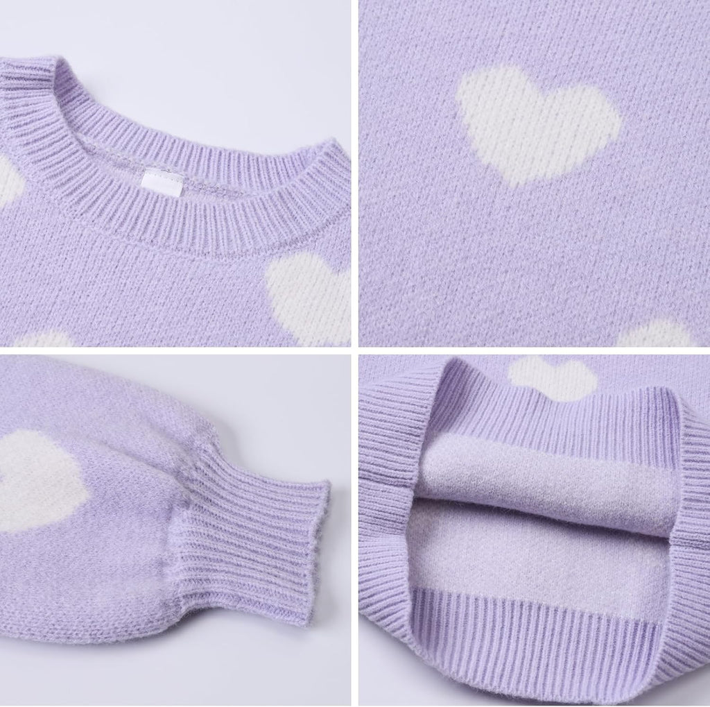 Girl's Cute Heart Sweater Round Neck Long Sleeve Knit Tops Knitwear Drop Shoulder