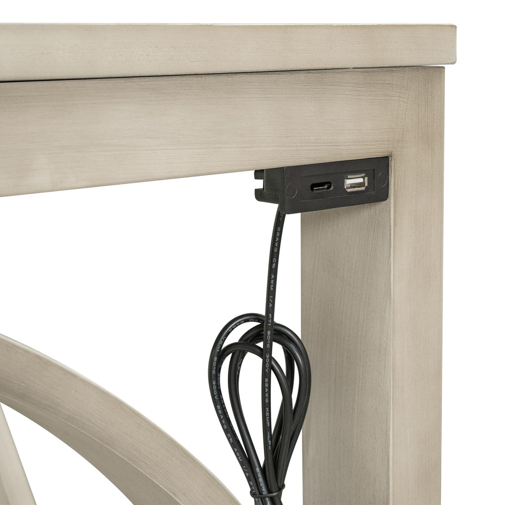 3 Piece Counter Height Dining Set, Farmhouse Kitchen Table Set with USB Port and 2 Upholstered Stools, Breakfast Nook