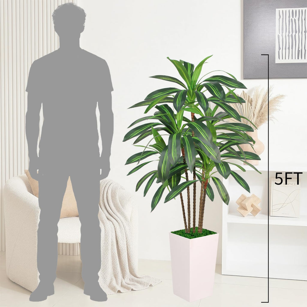 Artificial Dracaena Tree 5FT with White Tall Planter, Realistic Faux Tropical Plant with Lifelike Green Leaves