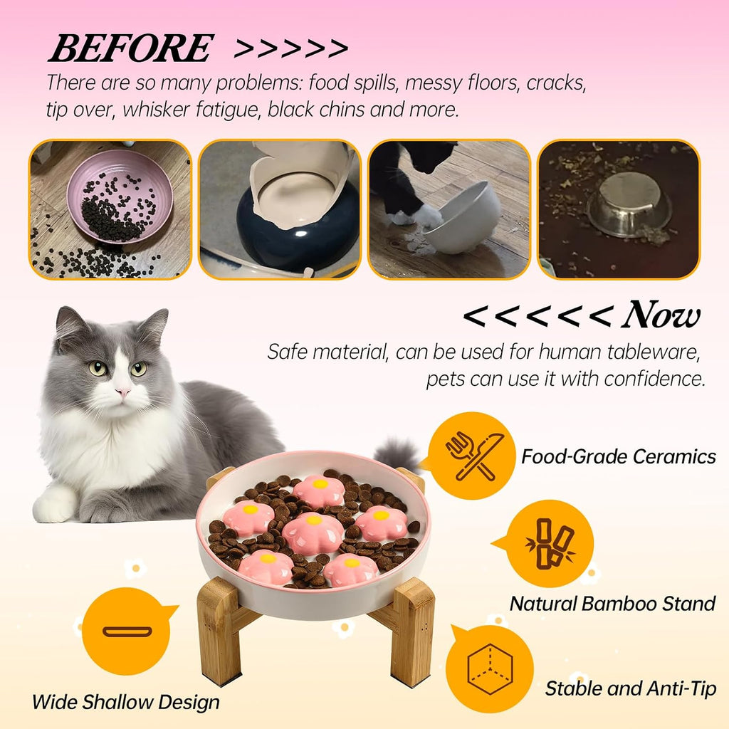 Elevated Ceramic Slow Feeder Cat Bowl with Anti-Slip Bamboo Stand