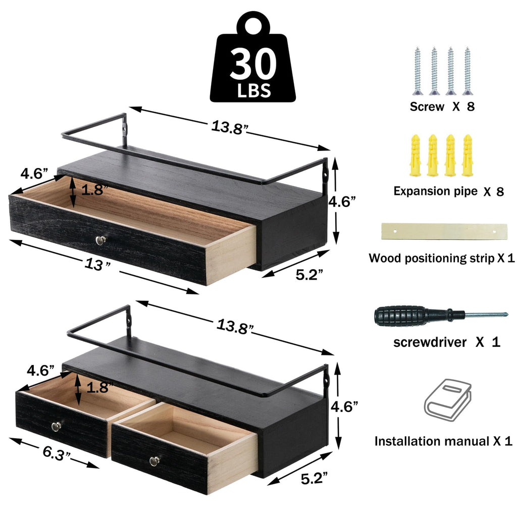 Floating Shelves With Drawers Set of 2, Wall Mounted Storage