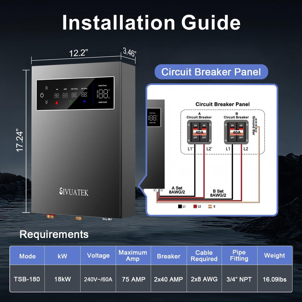 18kW Tankless Water Heater Electric 240V SIVUATEK, Self-Modulating Power for Optimal Efficiency
