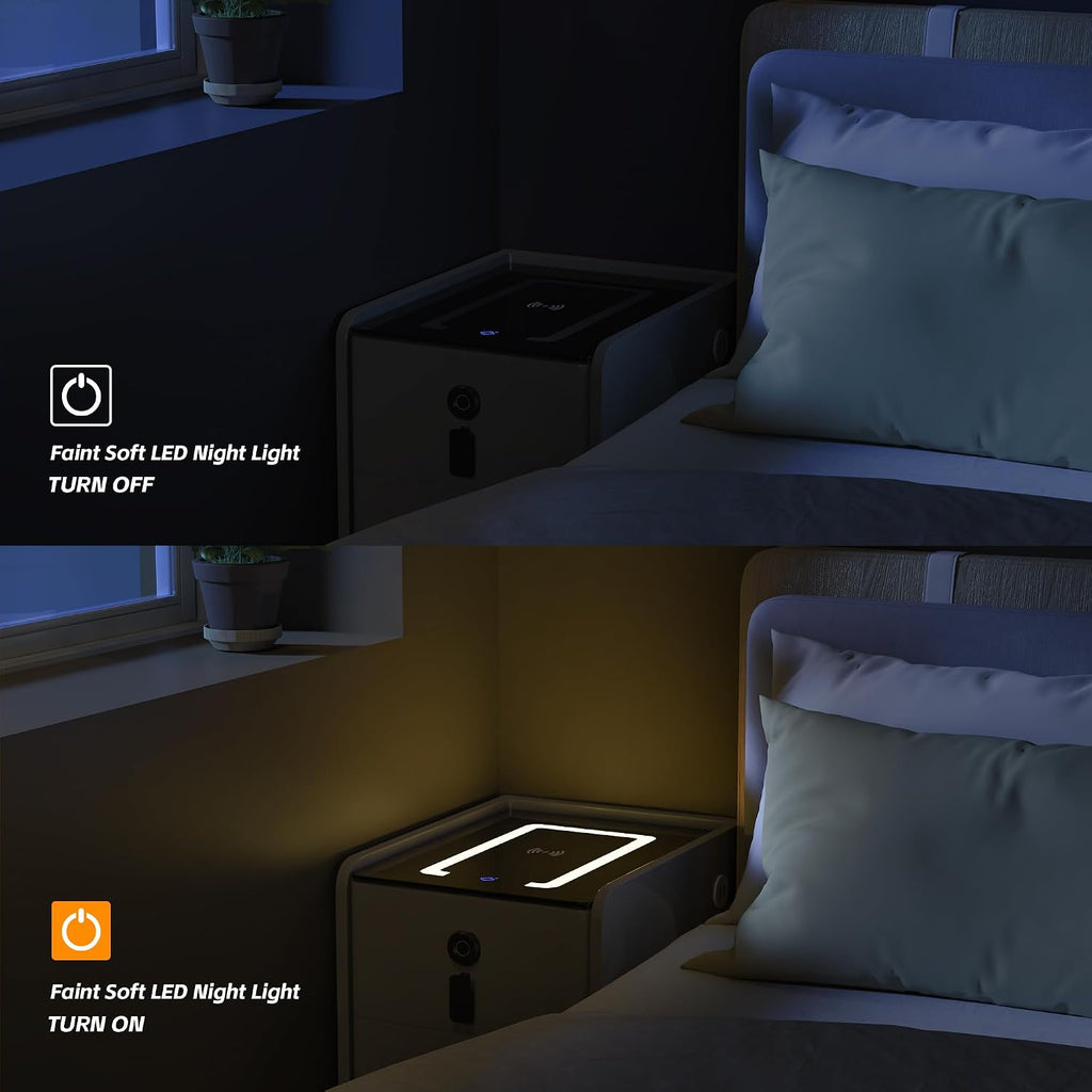 Grey Night Stand with Wireless Charging Station, Nightstand with 2 Drawers, Smart Bedside Table with 3 Lighting and