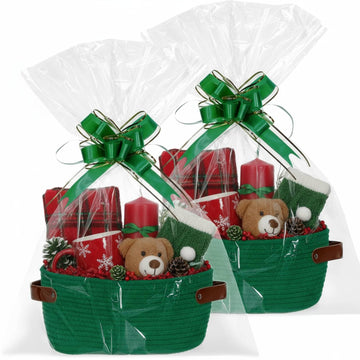 2 Pack Woven Christmas Baskets for Gifts Empty with Handle 12 x 8 x 5 Inch Small Holiday Basket with Bags and Ribbons
