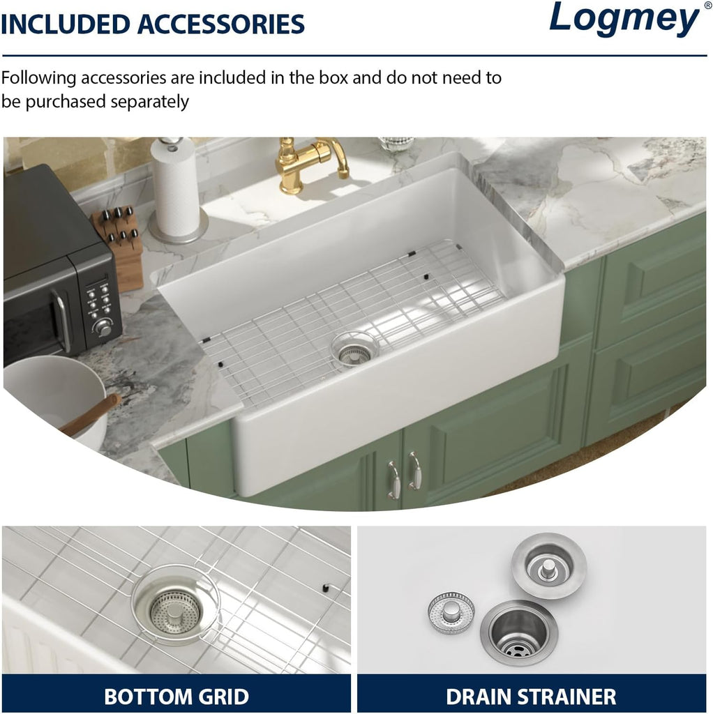 33 Inch White Fireclay Farmhouse Sink with Pop-up Drain | Reversible Farm Sink 33x18x10 Durable Ceramic Apron Front