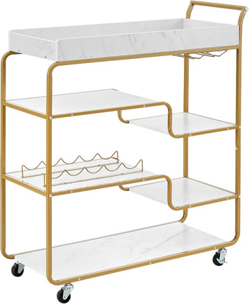 Gold Bar Cart with Wheels 6-Tier Rolling Serving Cart Vintage Wine Trolley with Glass Holder and Wine Rack Beverage