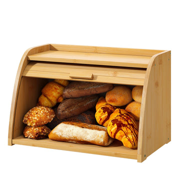 Bread Box - Natural Bamboo Kitchen Storage Roll Top, Countertop