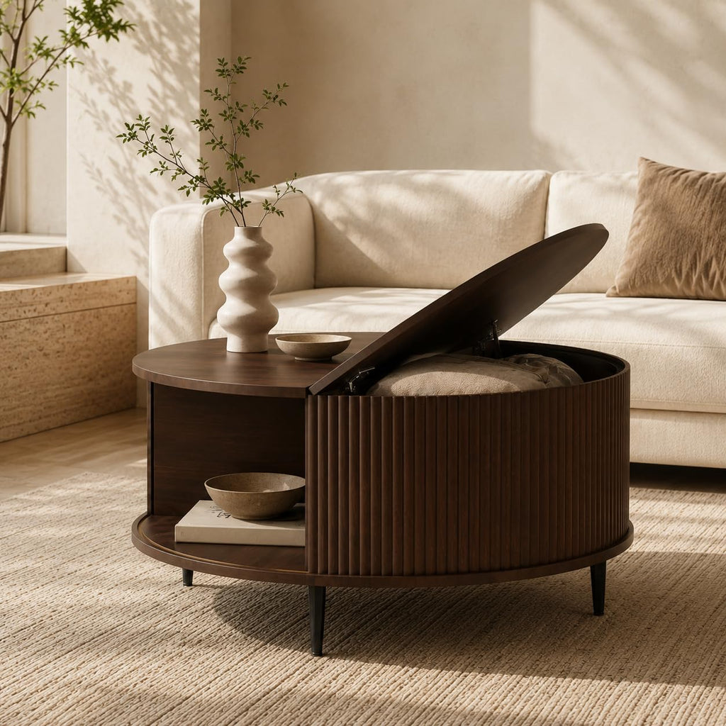 Mid Century Fluted Round Coffee Table, Brown