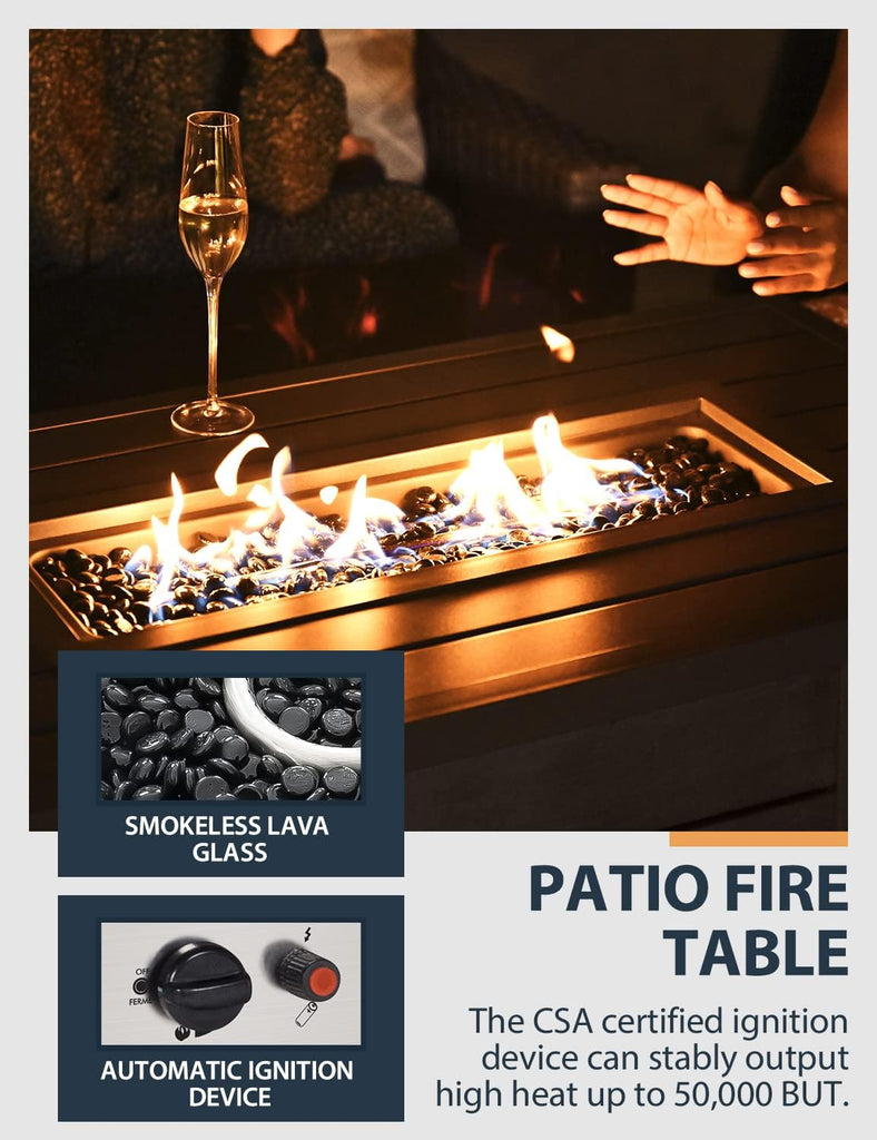 Propane Fire Pit Table, HAPPATIO 48inch 50000 BTU Gas Fire Pit with Aluminum Slats Table Top, Lid, Black Glass Rock