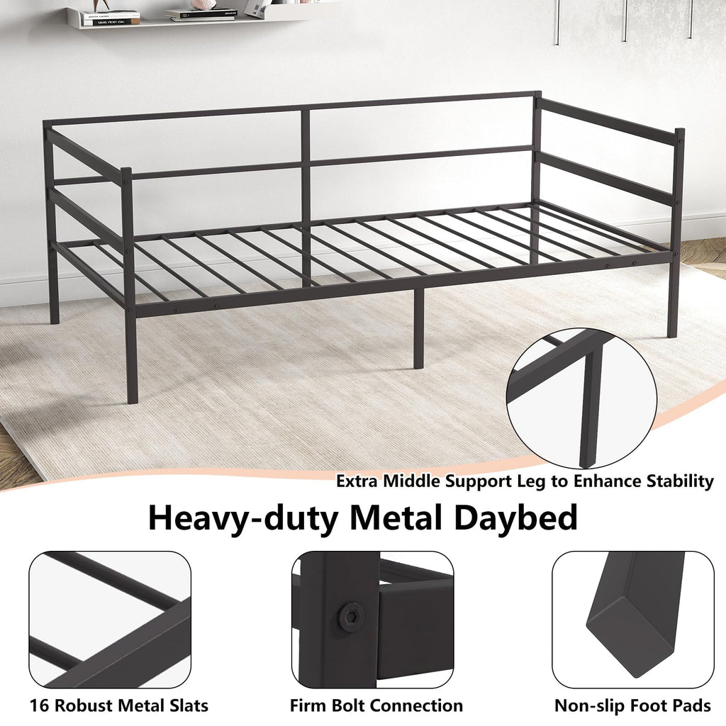 Metal Daybed Frame Twin Size, Heavy-Duty Steel Slats Support Sofa Bed, Platform Mattress Foundation, Multifunctional