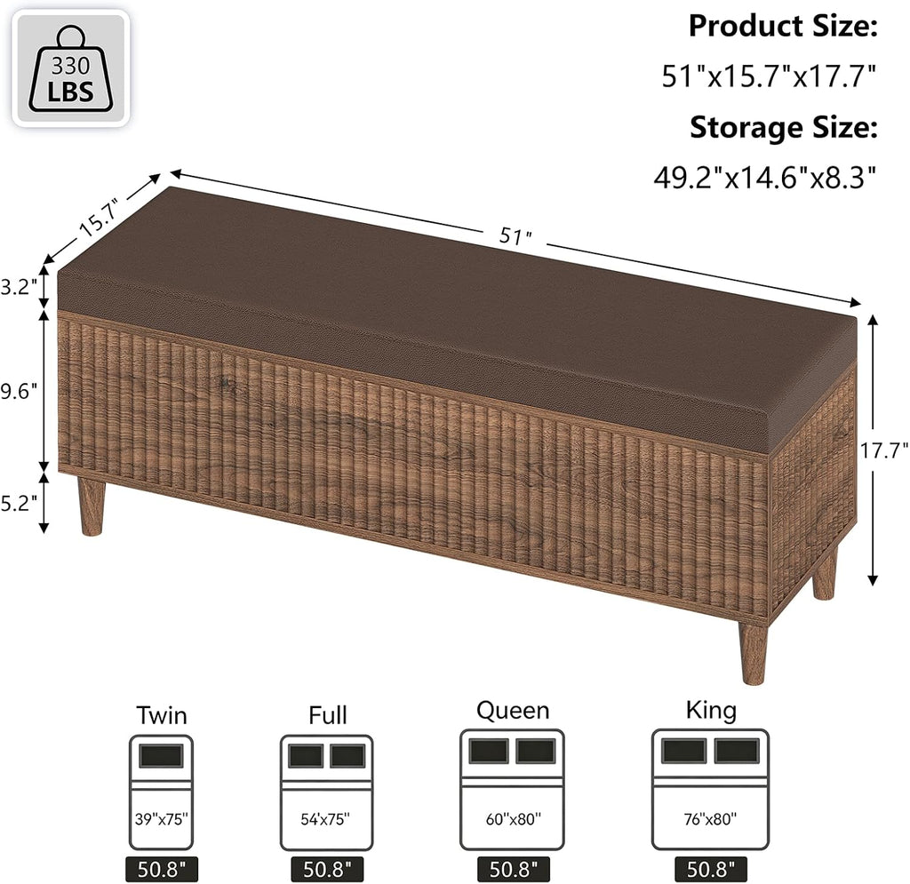 51" Storage Ottoman Bench, Fluted Wooden End of Bed Storage Bench with Leather Upholstererd, Mid-Century Modern