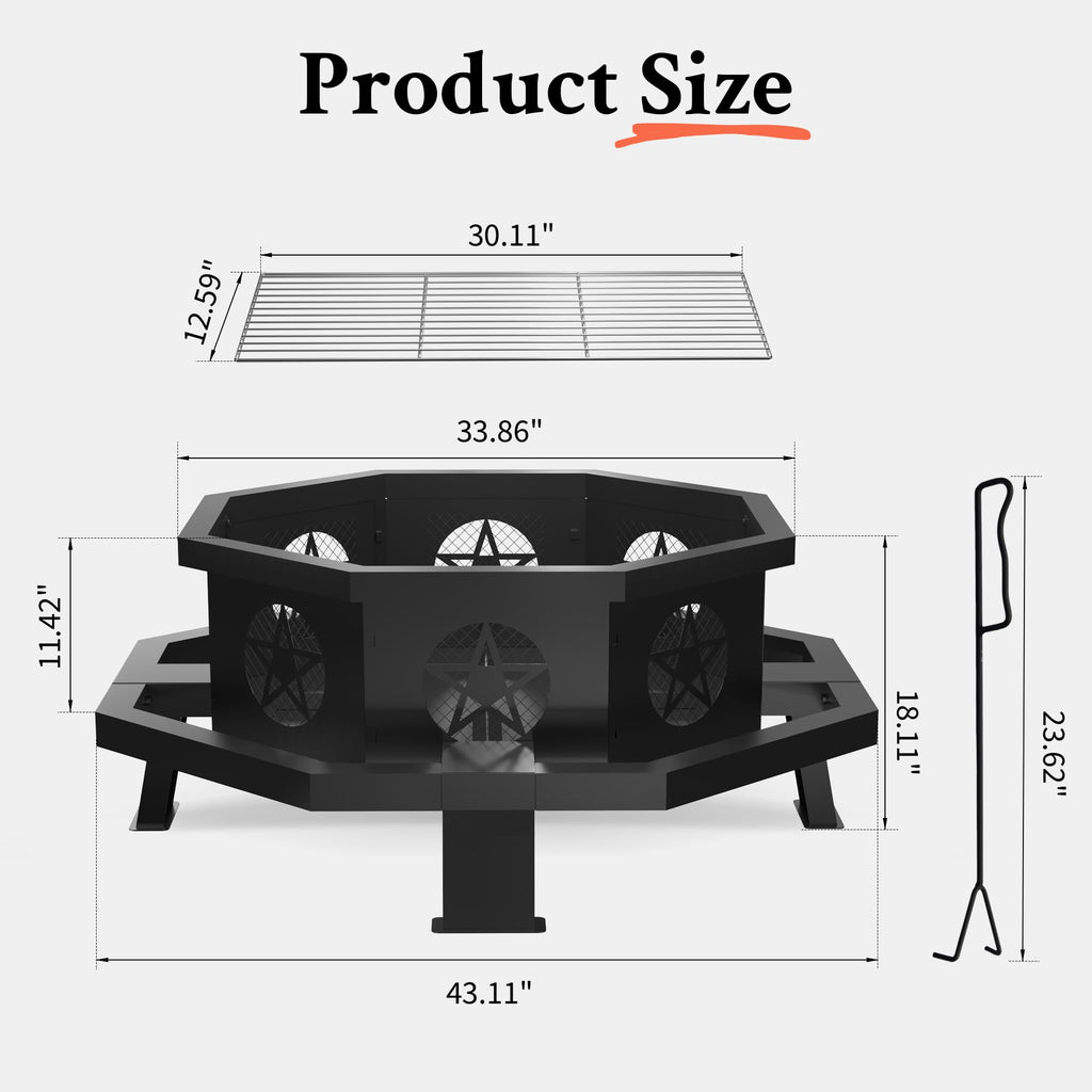 Outdoor 43 Inch Octagonal Fire Pit with Cooking Grill Black