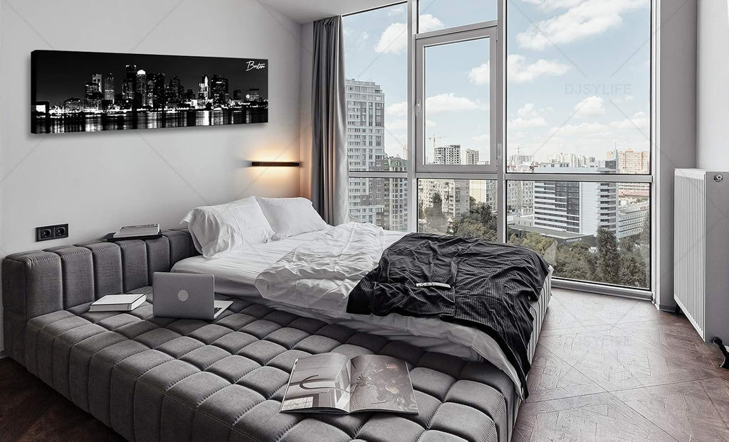 Boston Canvas Wall Art Black White Cityscape Decor 13.8"x47.3" | Panoramic Skyline Print, Ready to Hang Decoration