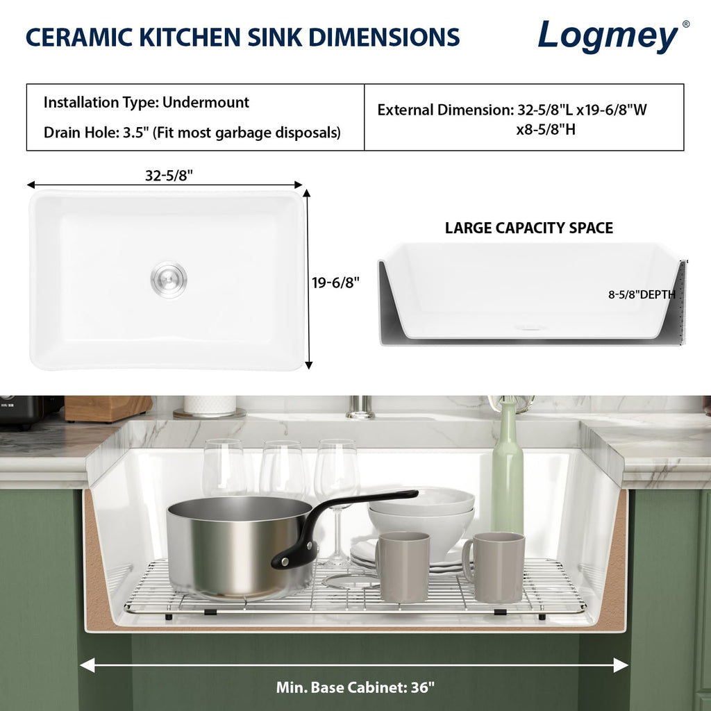 White Fireclay Farmhouse Sink 33x20x9 Inch Ceramic Apron Front Farm Sinks with Bottom Grid & Drain