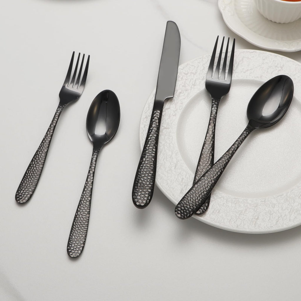 Black Hammered Silverware Set, 40 Piece Stainless Steel Heavy Duty Flatware Set for 8, Food-Grade Tableware Cutlery