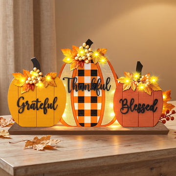 Fall Pumpkin Table Sign with LED Lights, Blessed Grateful Thankful Rustic Farmhouse Decor, Thanksgiving Harvest - Set of 3