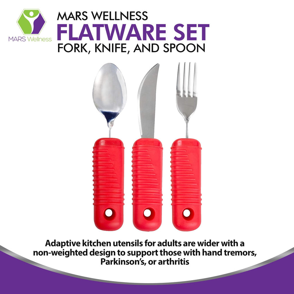 3 Piece Easy Grip Red Utensil Set - Bendable Fork, and Spoon, Strong Knife
