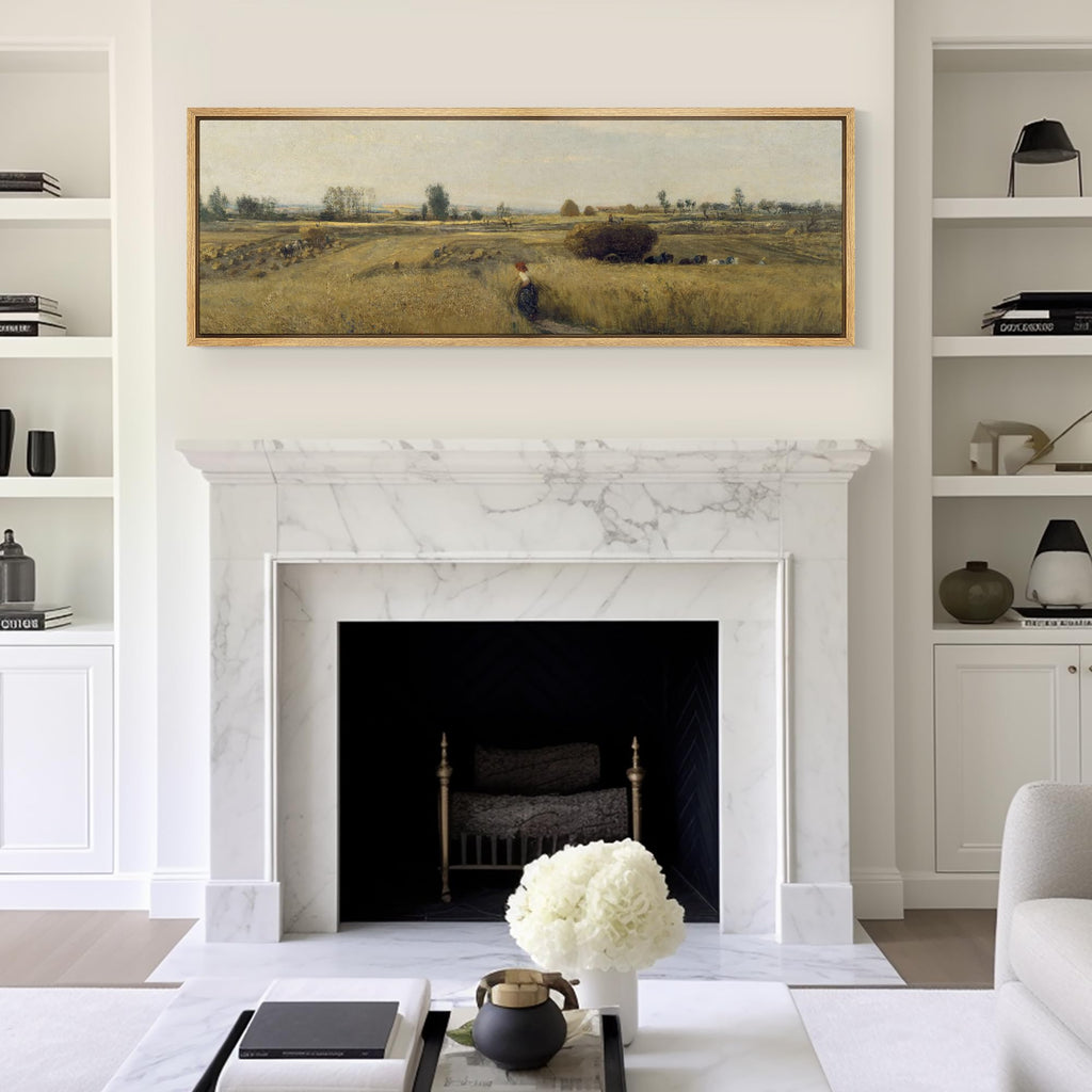 Large Framed Canvas Print Wall Art Golden Wheat Field Harvest Antique Rural Landscape with Farmers Illustrations