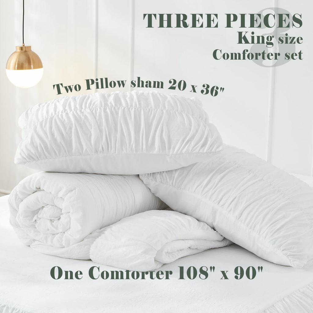 King Size Comforter Set - Ruched White Comforter King Bed Set Boho Bedding - Fluffy 3 Piece Ruffle Comforter Set with