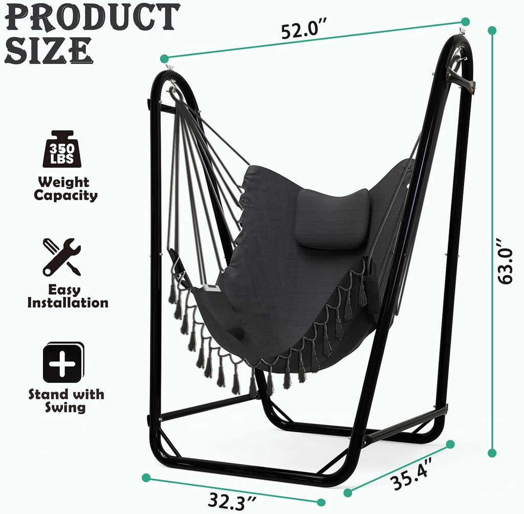 Unique U-Shaped Hammock Chair with Stand,Sturdy & Rust-Resistant,Free Gray Cotton Hammock Chair | U-Shape Anti-Tip