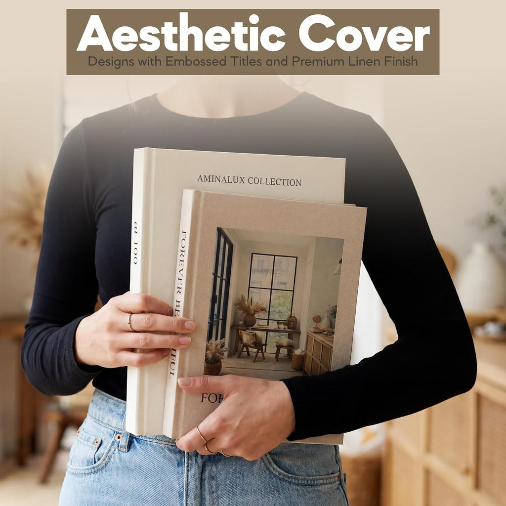 Decorative Books Decor with Storage - Set of 2 Faux Linen Book Boxes with Aesthetic Covers - Enhance Your Coffee