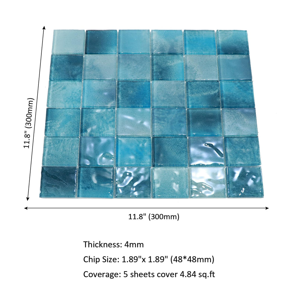 Glass Mosaic Pool Tiles Backsplash, 12" x 12" Aqua Blue 3D Wave Texture Square Tiles for Swimming Pool Accent Wall