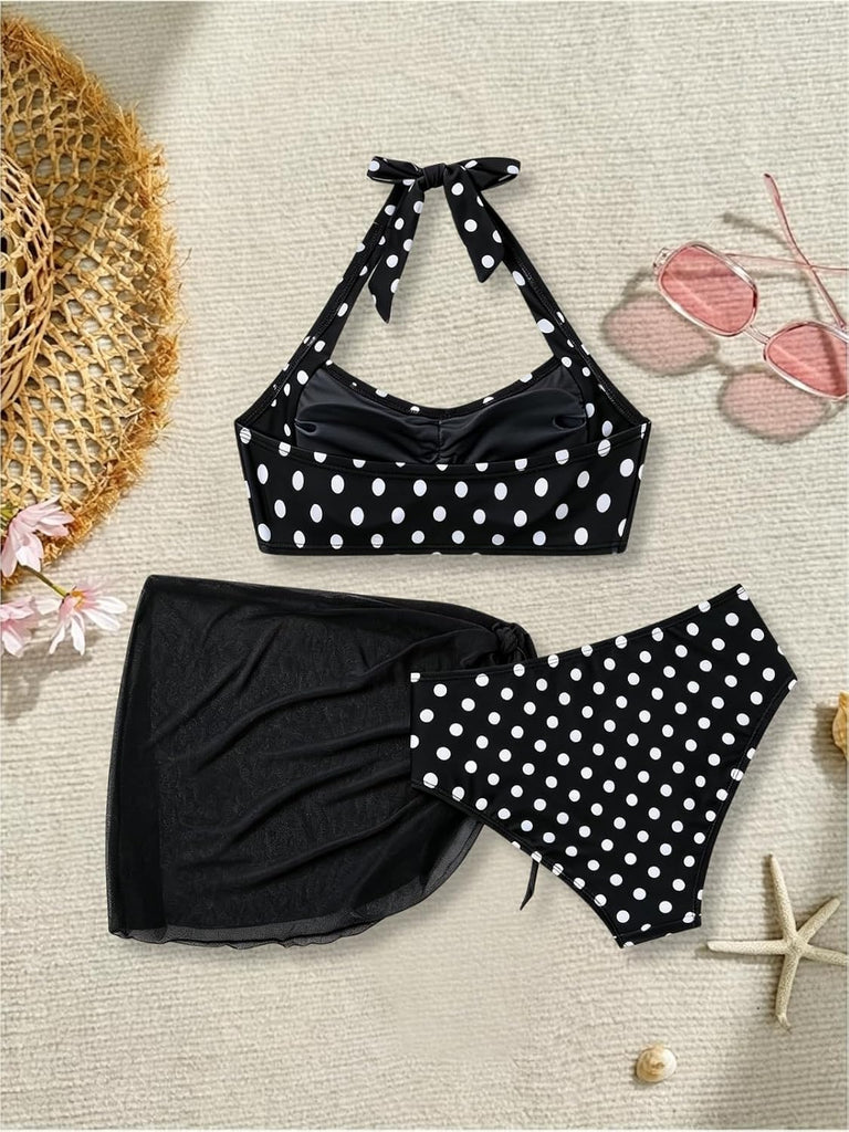 Teen Girl's 3 Piece Swimsuits Polka Dot Halter Neck Bikini Set Bathing Suit with Mesh Coverups Skirt