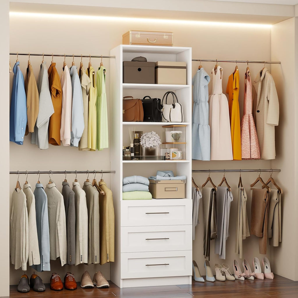 Closet System with Drawers, 5-9FT Closet Organizer System with 4 Expandable Rods & Adjustable Shelves for Walk in