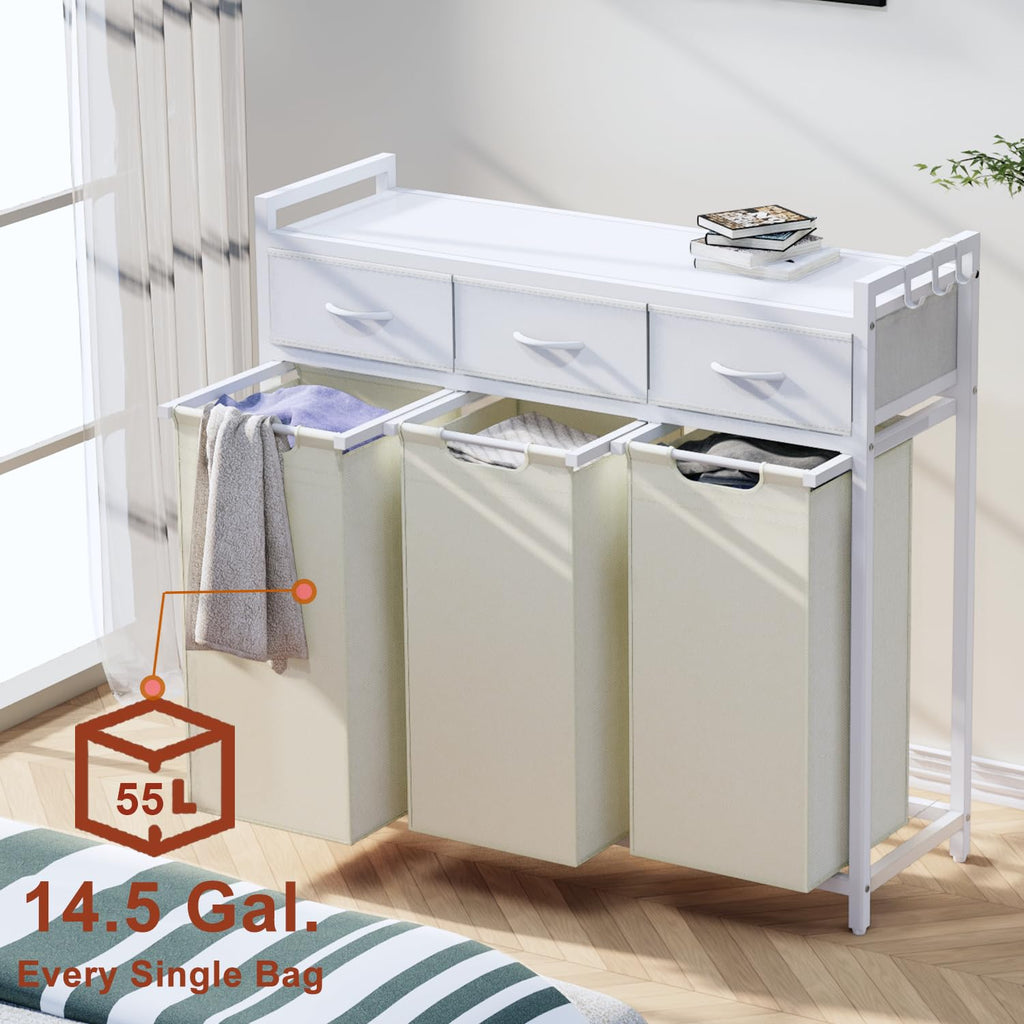 Laundry Hamper, Laundry Sorter 3 Section, Rolling Laundry Basket with Wheels, 3 Drawers, 3 × 14.5 Gal (55 L)