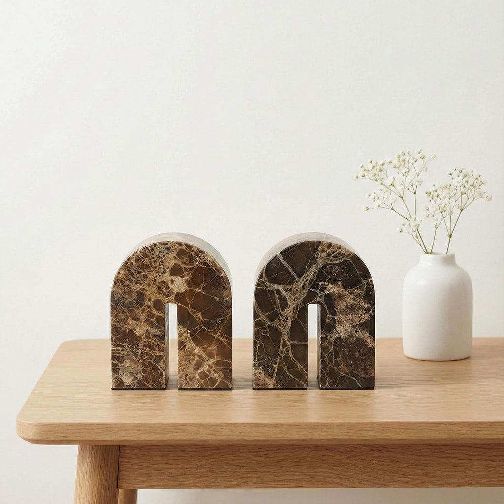 Natural Marble Bookends for Shelves,Unique Brown Arched Book Ends, Office bookends for Heavy Books, Set of 2,Heavy