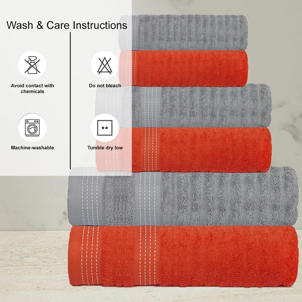 Elegance 6Pcs 100% Egyptian Cotton Large Designer Towels Gift Set- Grey Violet-Orange - 2Bath 2Hand