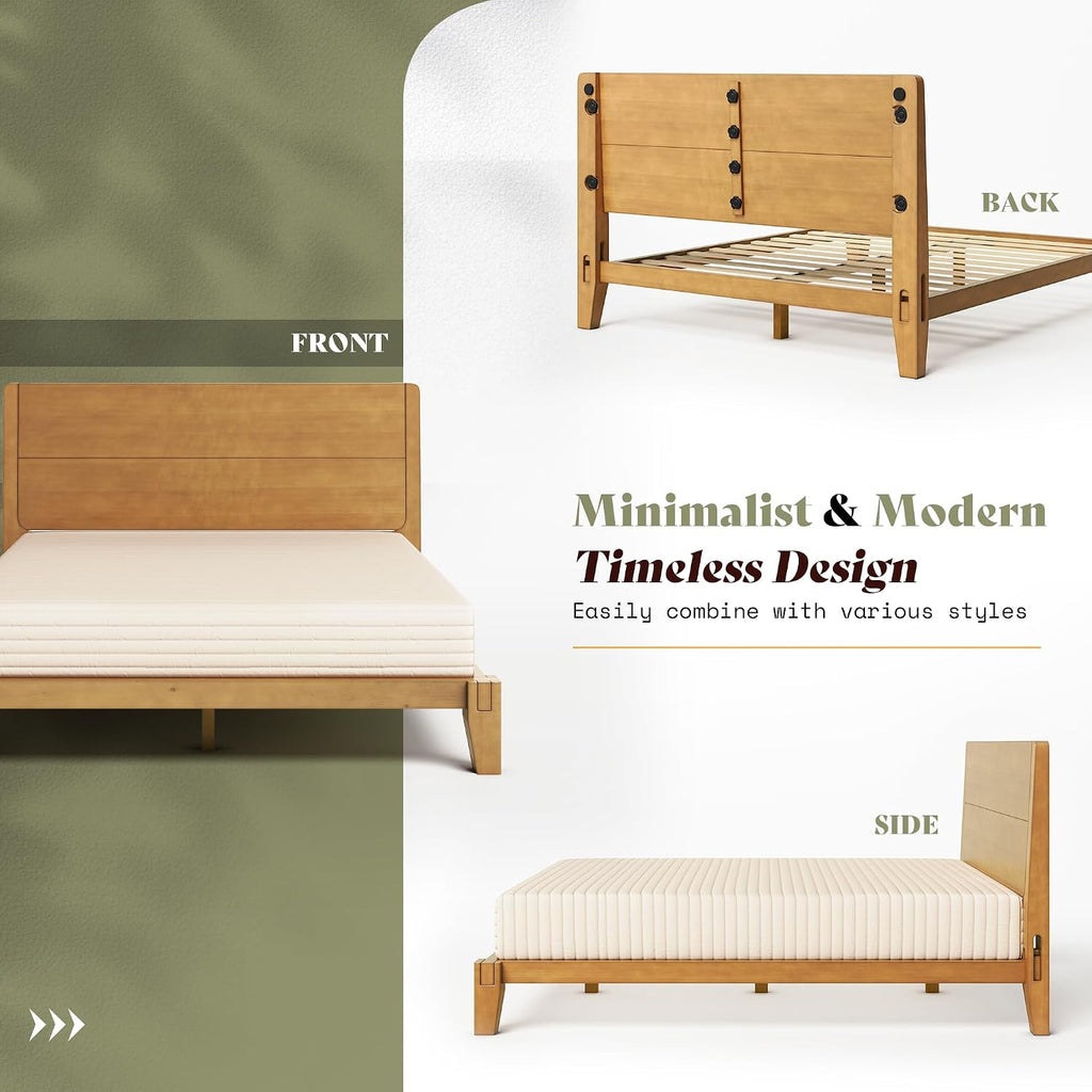 Solid Wood Queen Bed Frame with Headboard, Japanese Joinery, Brown