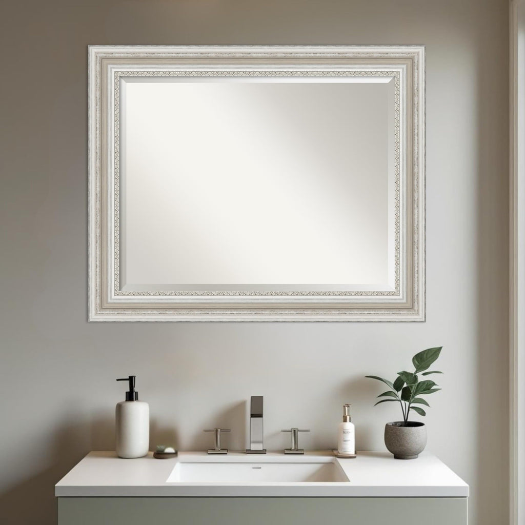 Silver Bathroom Mirror for Over Sink, 28x34 Parlor Silver Rectangle Vanity Mirror, Large Traditional Frame, Hangs