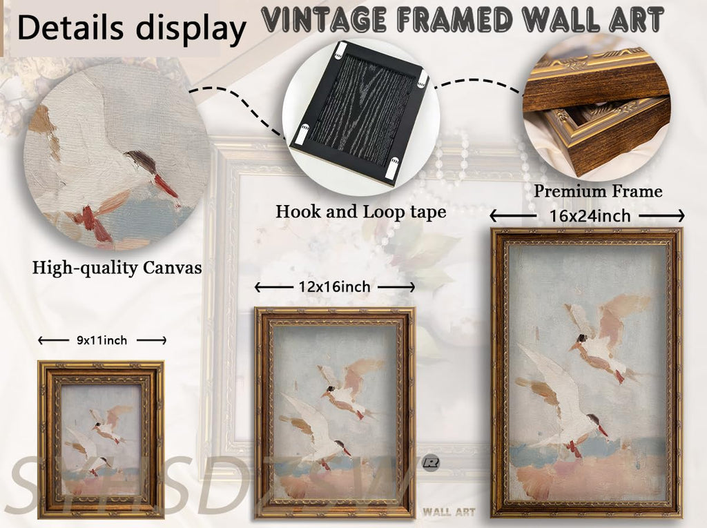Vintage Coastal Seagulls Framed Wall Art-Beach Flying Birds Canvas Print Antique Nautical Wall Decor for Beach House
